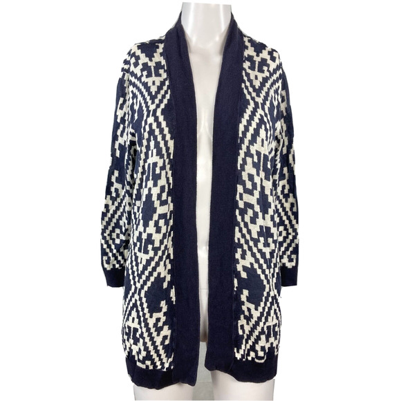 Talbots Cardigan Womens‎ Sz M Navy Blue White Pattern Open Front Linen Cotton - Picture 1 of 9